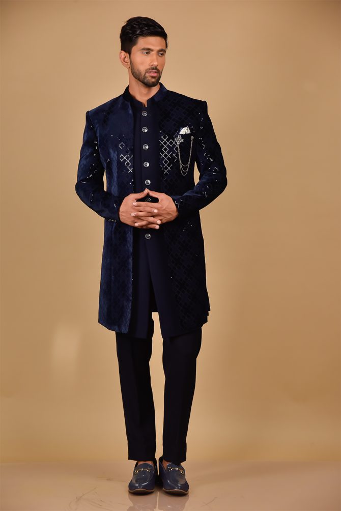 Royal Blue Sequin Thread Embroidered Indo-Western