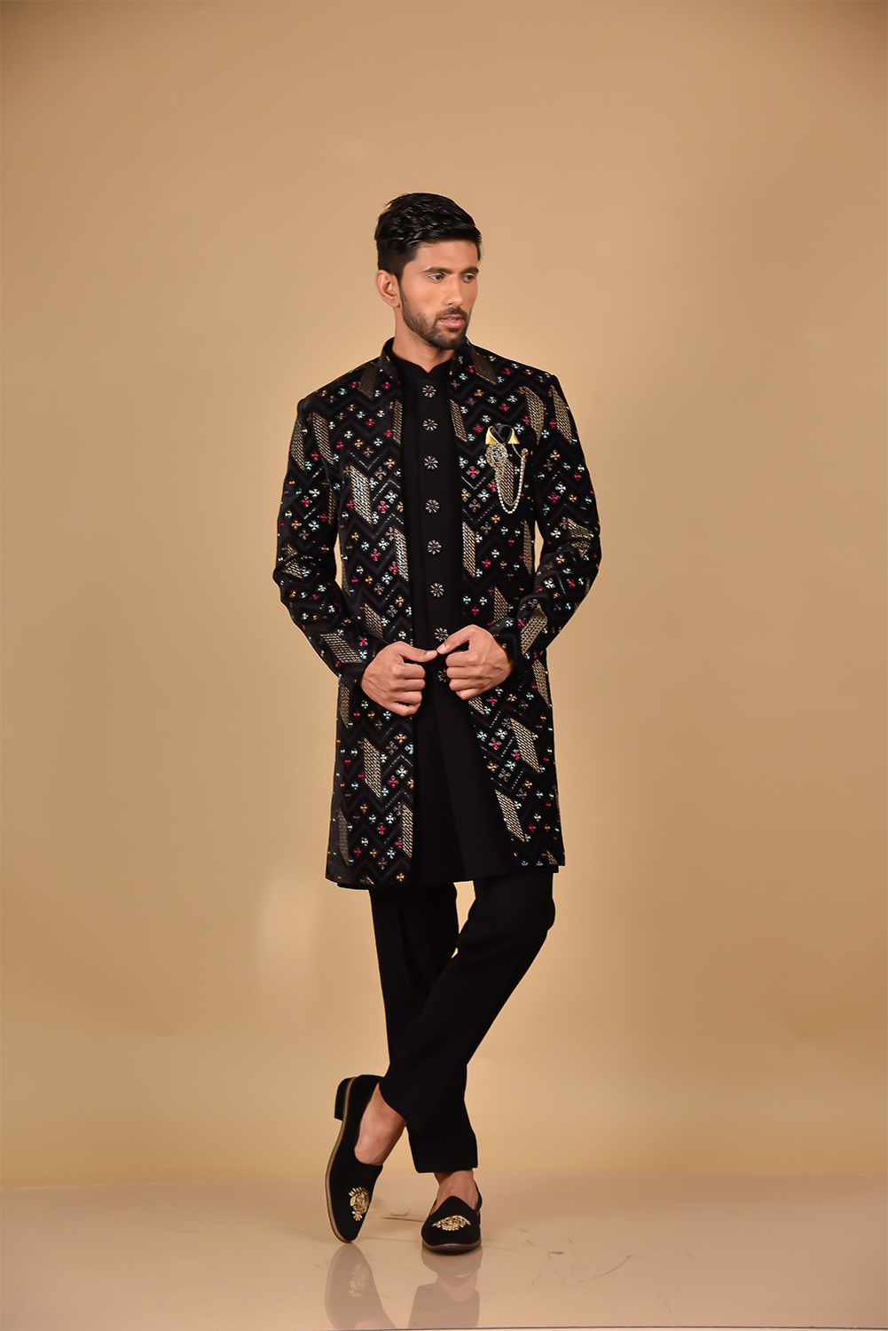 Black & Gold Sequin Thread Embroidery Velvet Indo-Western