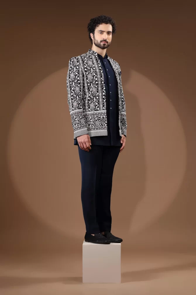Black & White Rich Embroidered Navy Blue Jodhpuri Suit