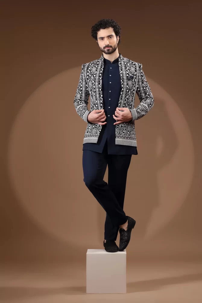 Black & White Rich Embroidered Navy Blue Jodhpuri Suit