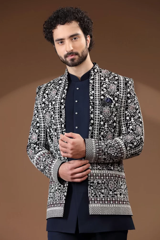Black & White Rich Embroidered Navy Blue Jodhpuri Suit
