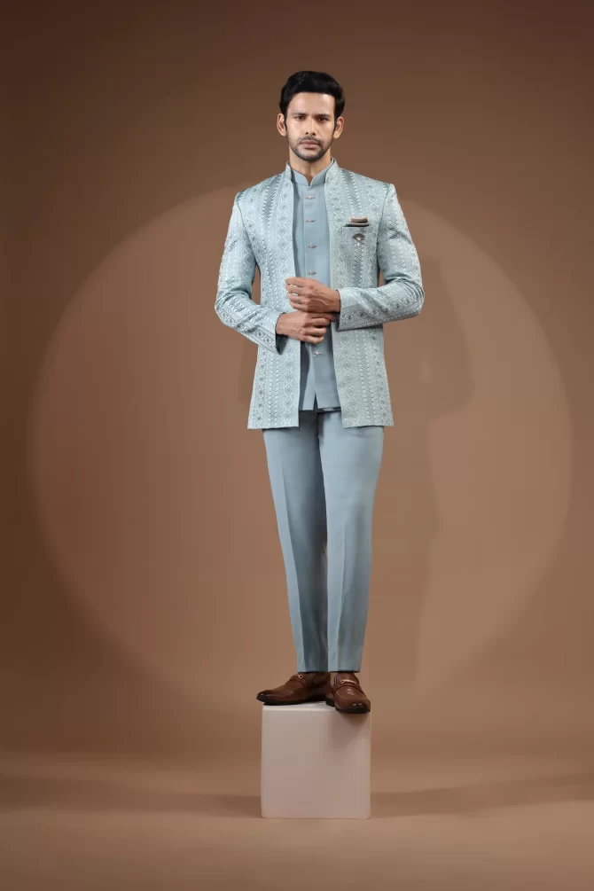 White & Grey Thread Work Jodhpuri Suits