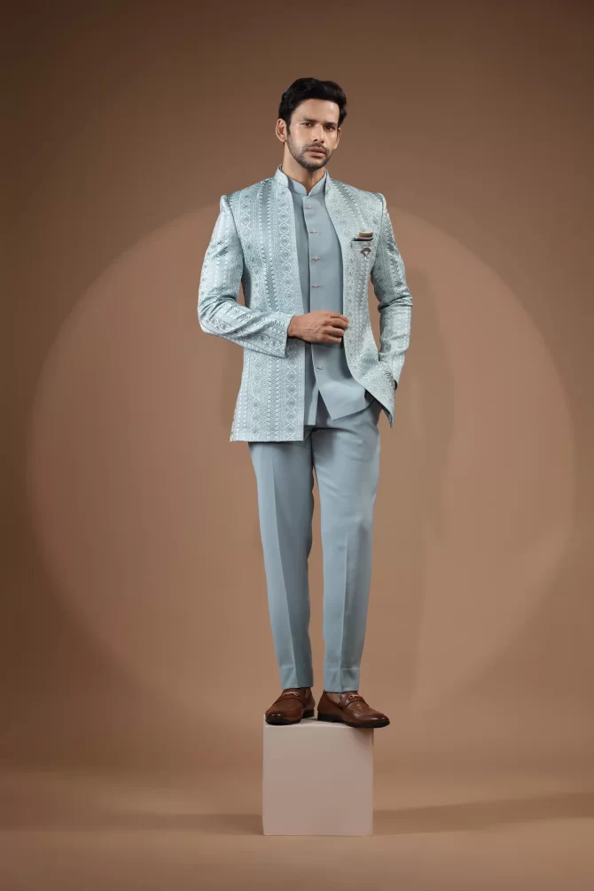White & Grey Thread Work Jodhpuri Suits