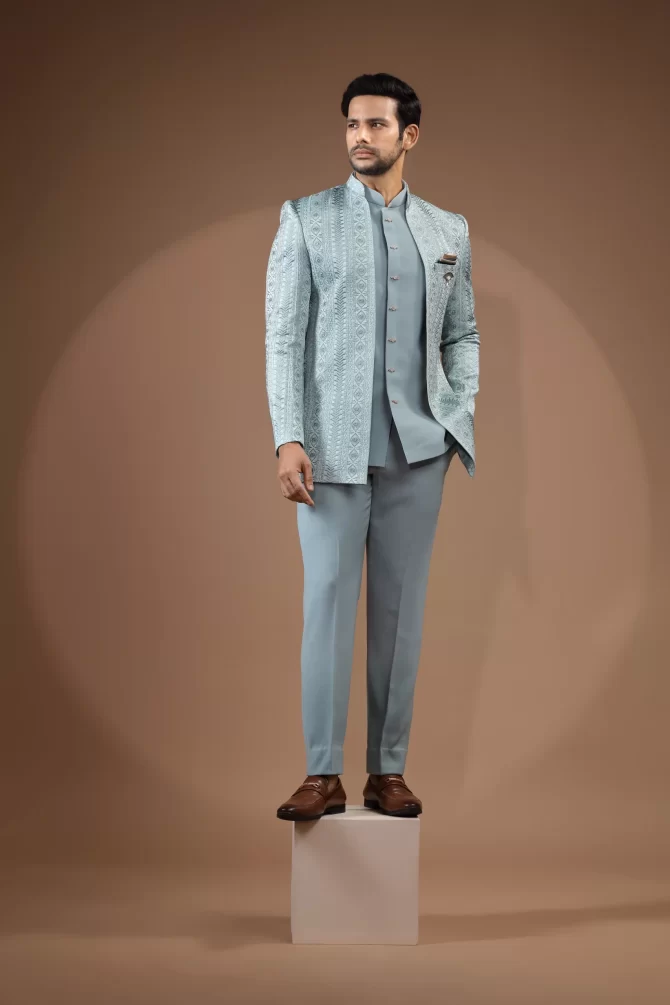 White & Grey Thread Work Jodhpuri Suits