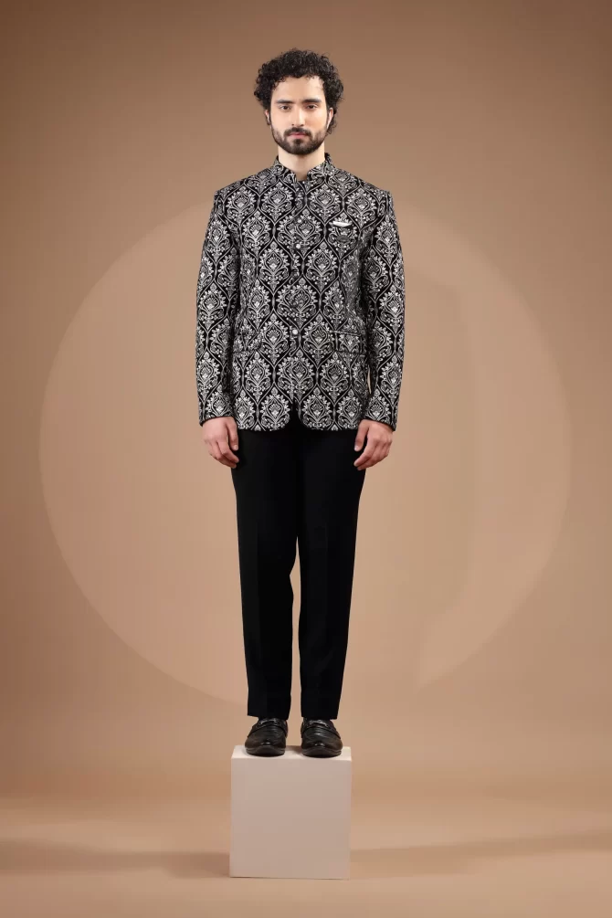 Black & White Rich Embroidered Thread Work Jodhpuri Suit
