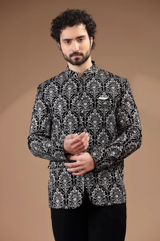 Black & White Rich Embroidered Thread Work Jodhpuri Suit