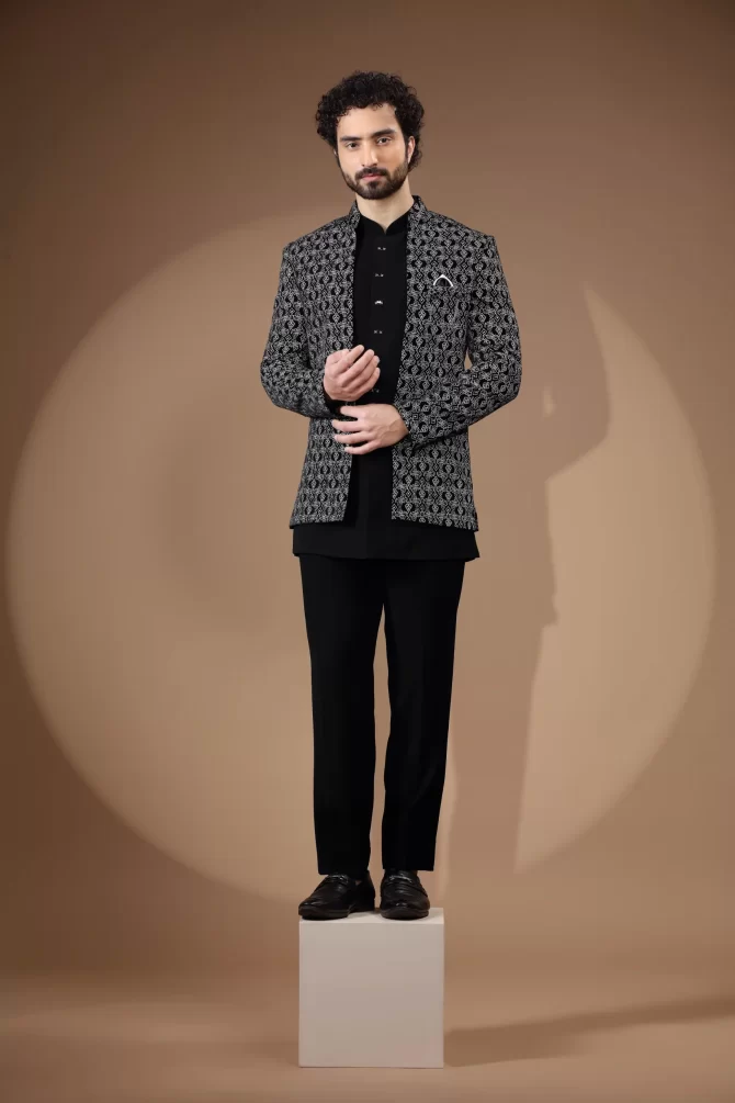 Black & White Floral Rich Embroidered Jodhpuri Suit