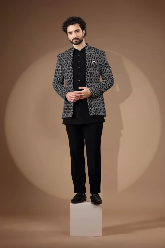 Black & White Floral Rich Embroidered Jodhpuri Suit