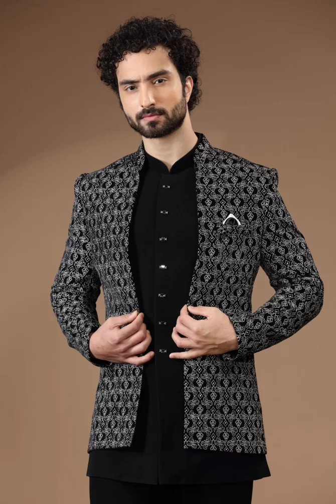 Black & White Floral Rich Embroidered Jodhpuri Suit