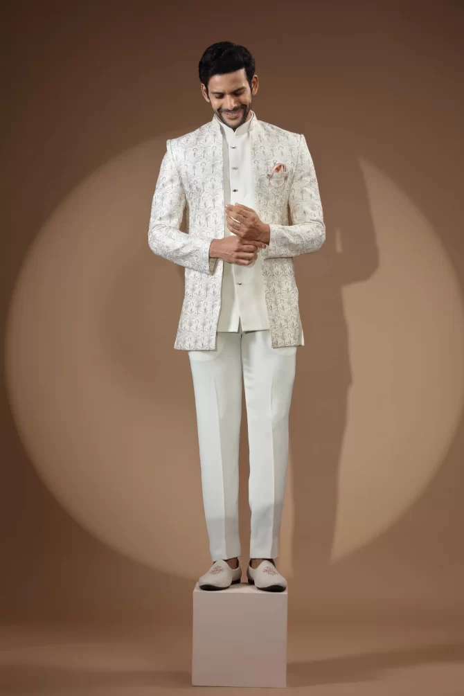 White Floral Thread Work Jodhpuri Suit