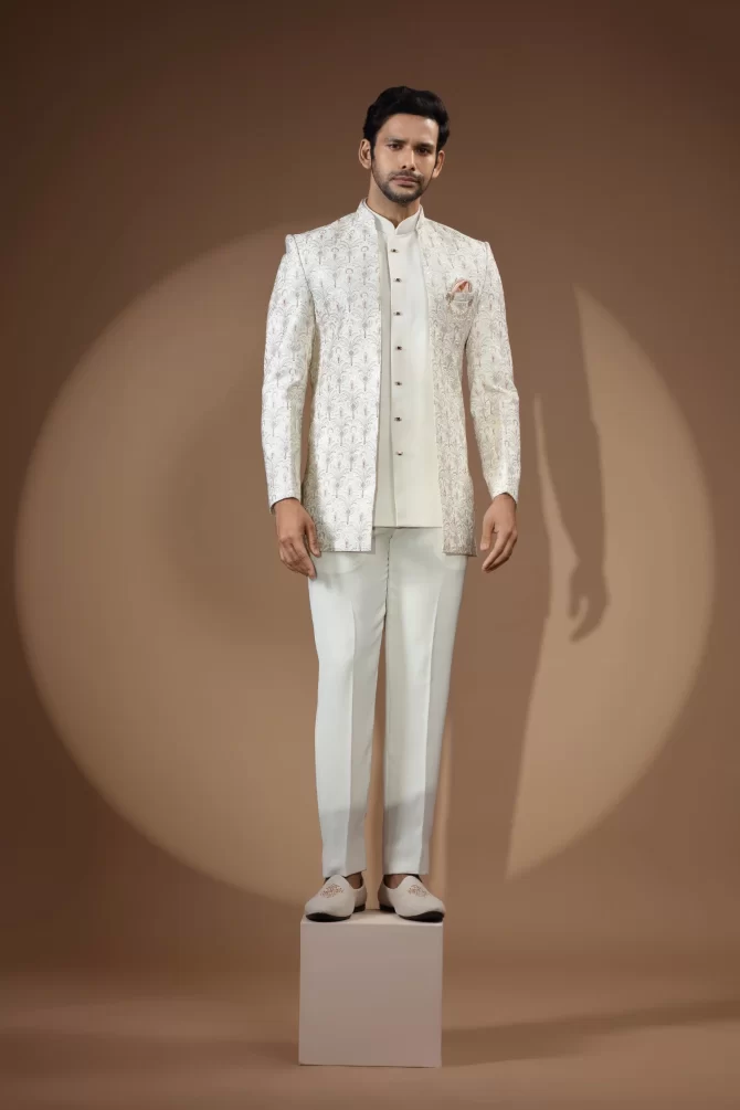 White Floral Thread Work Jodhpuri Suit