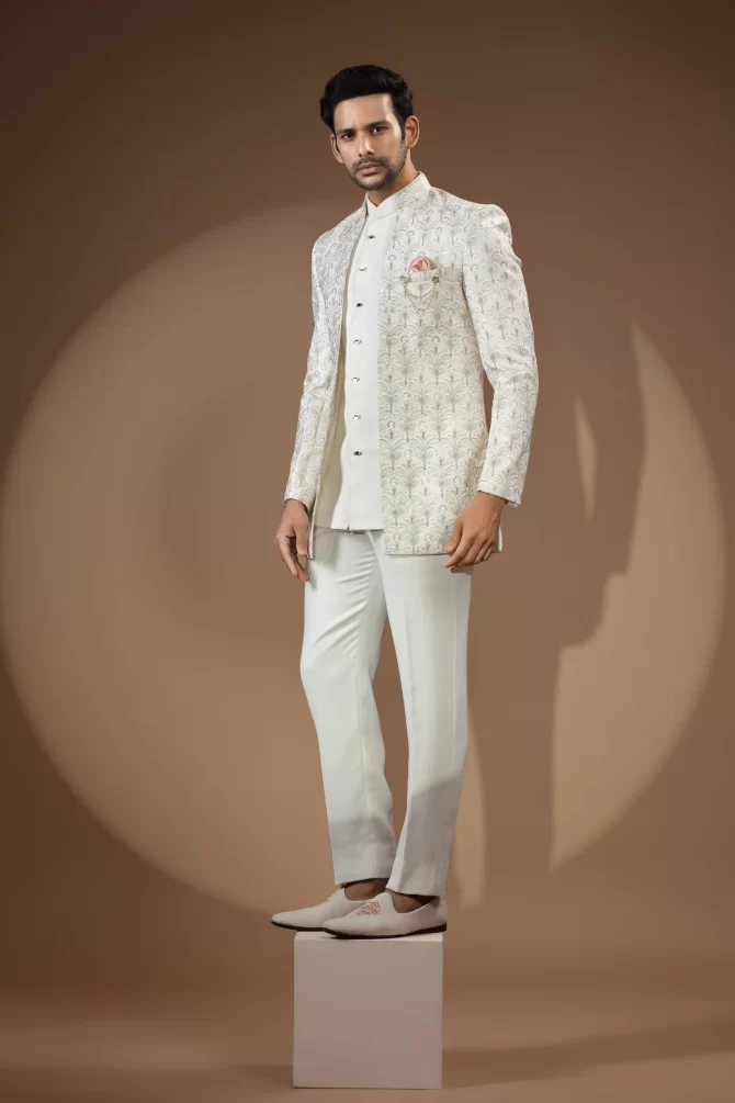 White Floral Thread Work Jodhpuri Suit