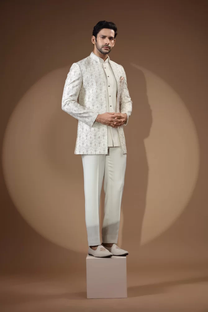 White Floral Thread Work Jodhpuri Suit