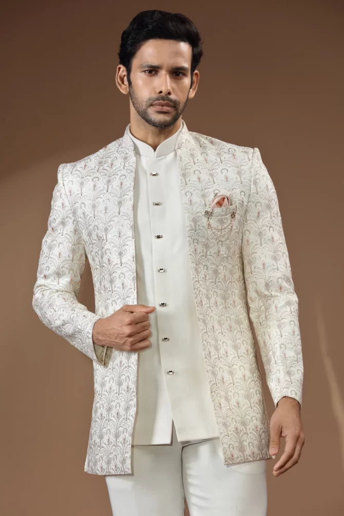 White Floral Thread Work Jodhpuri Suit