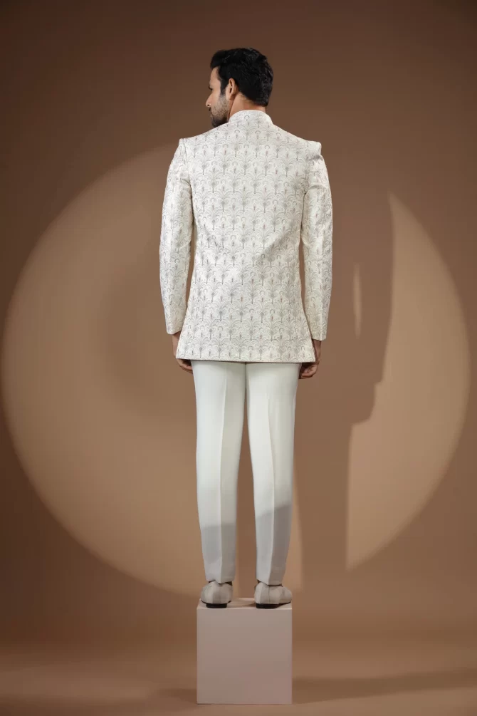 White Floral Thread Work Jodhpuri Suit