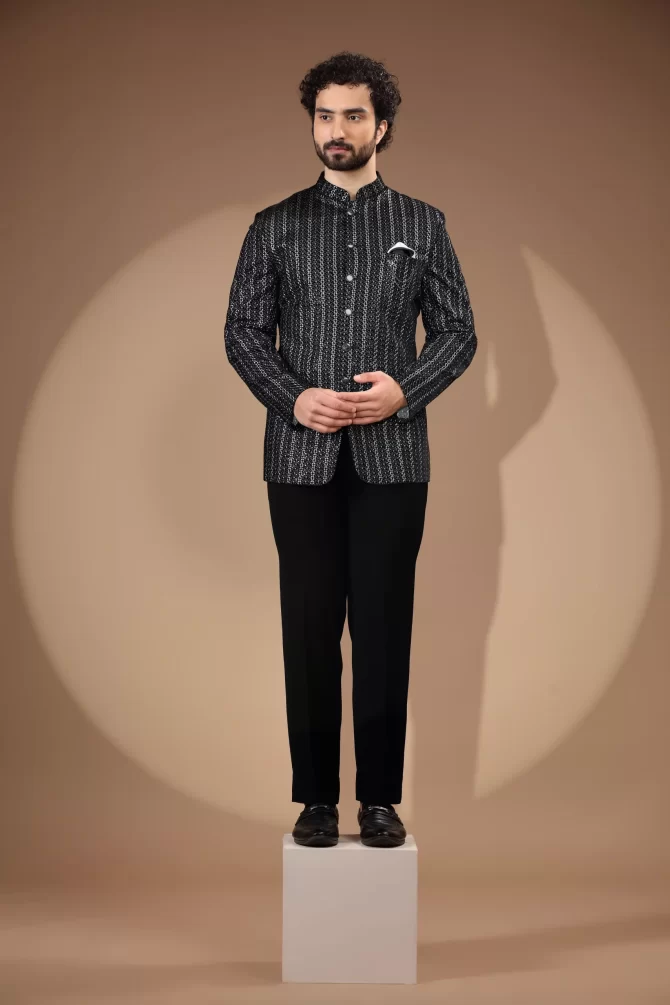 Black and White Thread Work Jodhpuri Suit