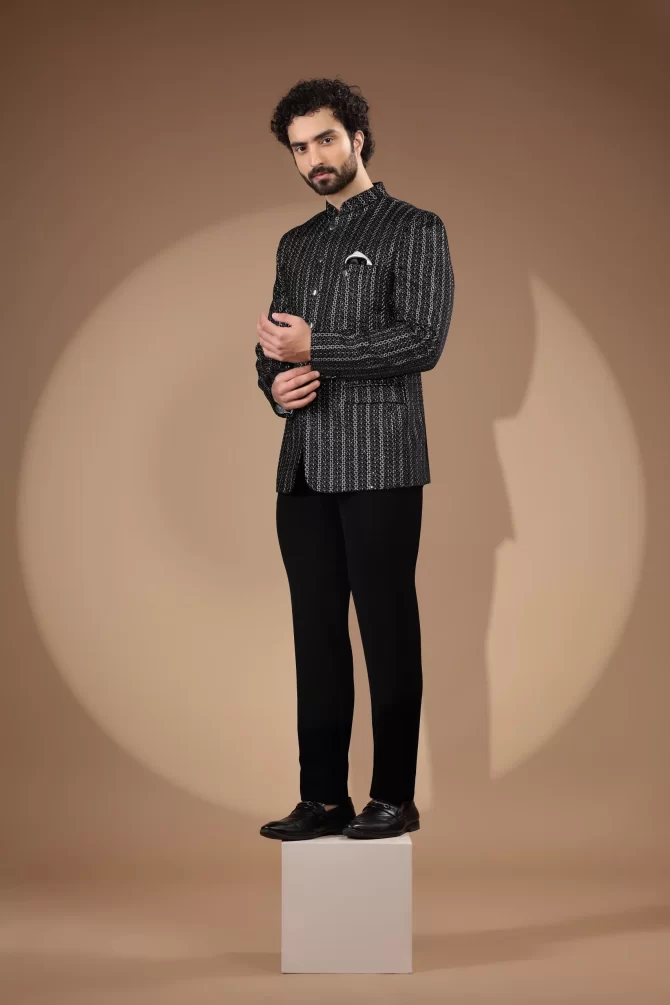 Black and White Thread Work Jodhpuri Suit