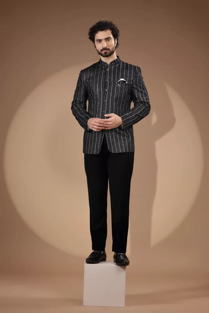 Black and White Thread Work Jodhpuri Suit