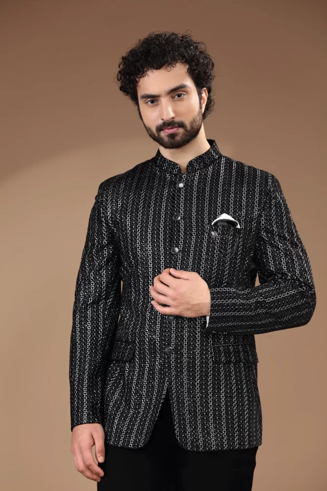Black and White Thread Work Jodhpuri Suit