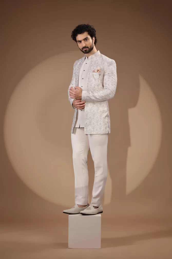 White & Light Pink Rich Embroidered Thread Work Outfit