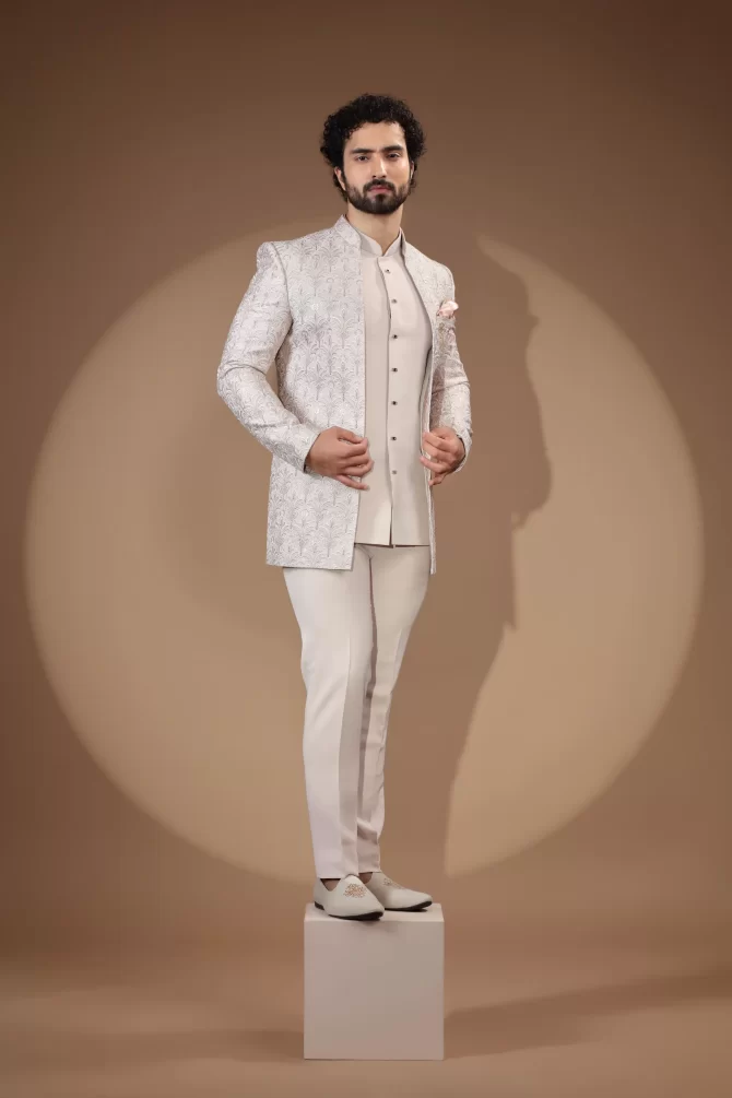 White & Light Pink Rich Embroidered Thread Work Outfit