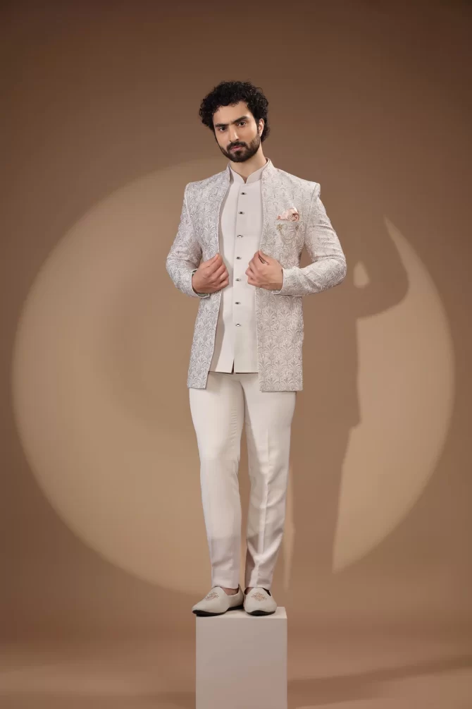 White & Light Pink Rich Embroidered Thread Work Outfit