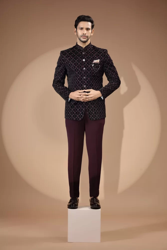 Black & Maroon Rich Embroidered Thread Work Jodhpuri Suit