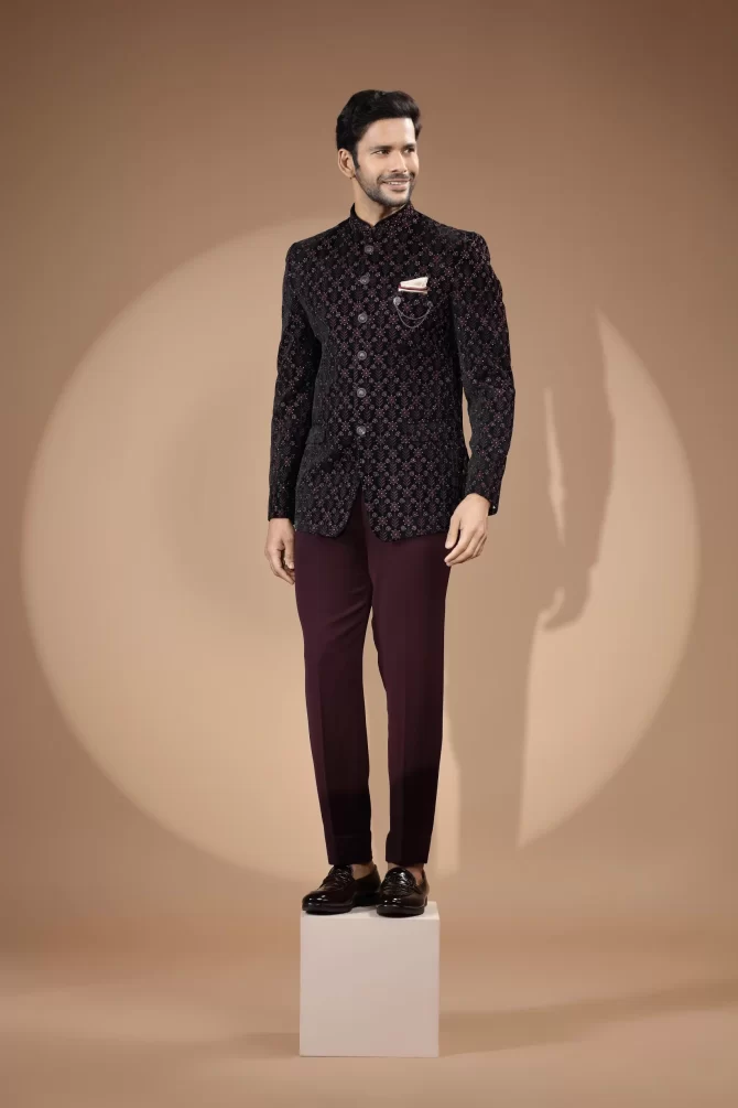 Black & Maroon Rich Embroidered Thread Work Jodhpuri Suit