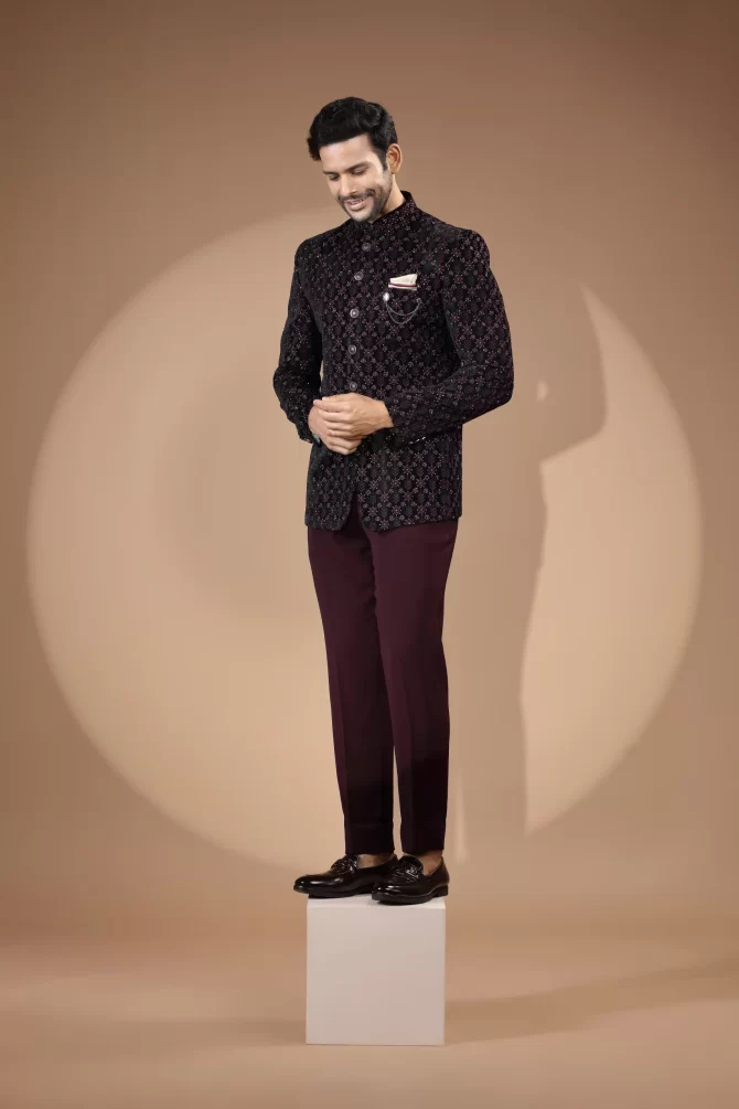 Black & Maroon Rich Embroidered Thread Work Jodhpuri Suit