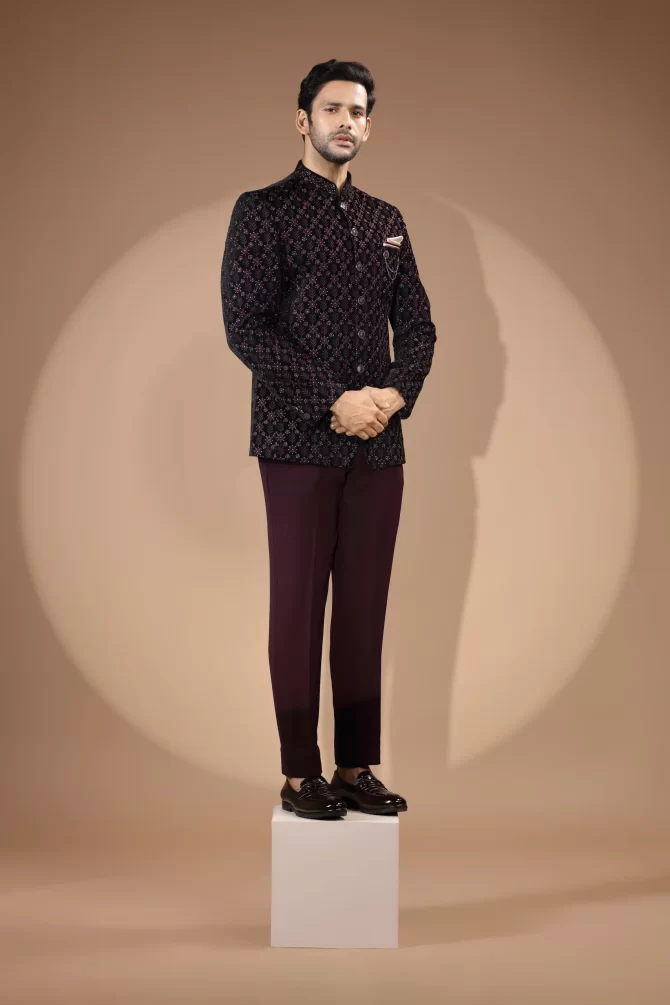 Black & Maroon Rich Embroidered Thread Work Jodhpuri Suit