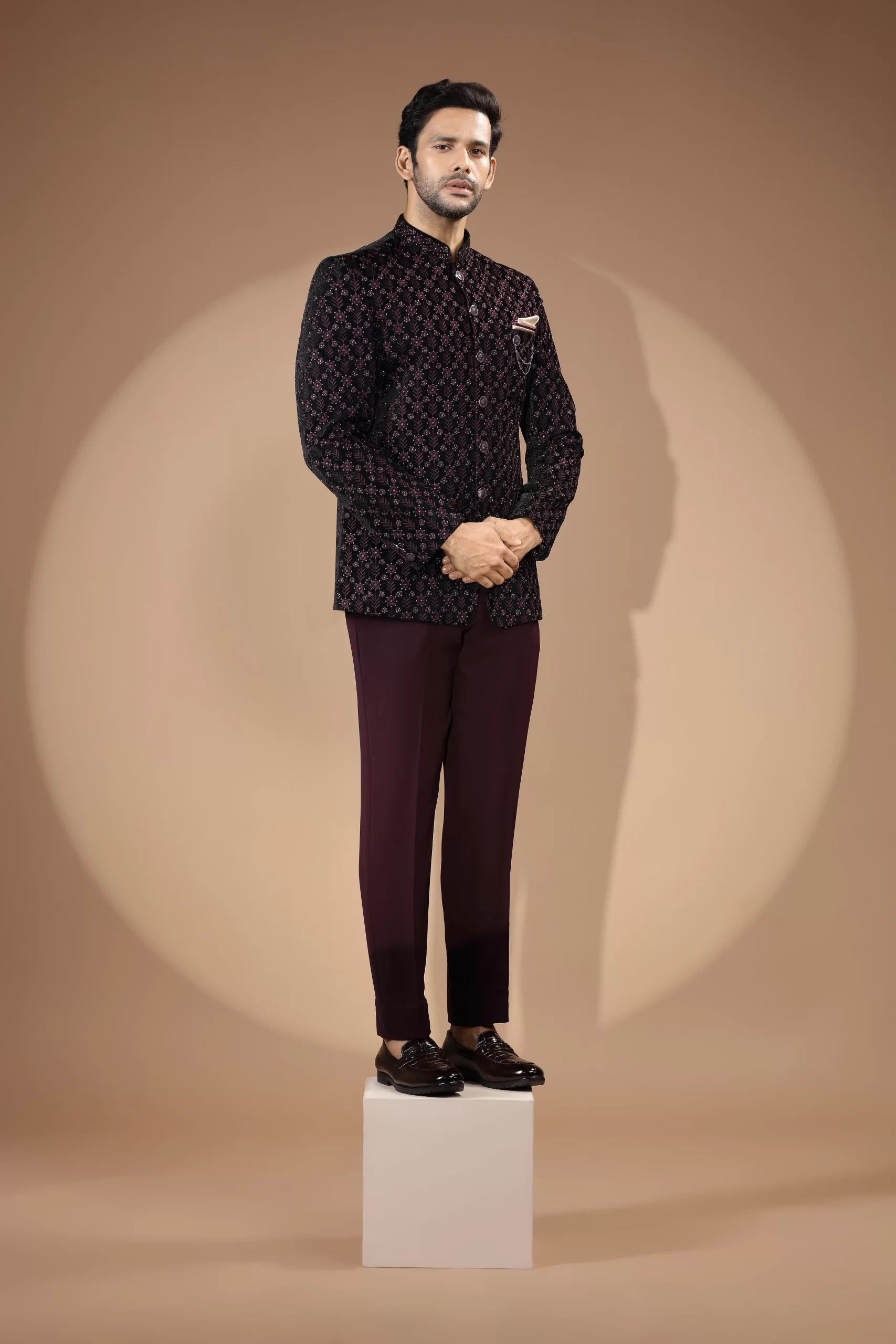 Black & Maroon Rich Embroidered Thread Work Jodhpuri Suit