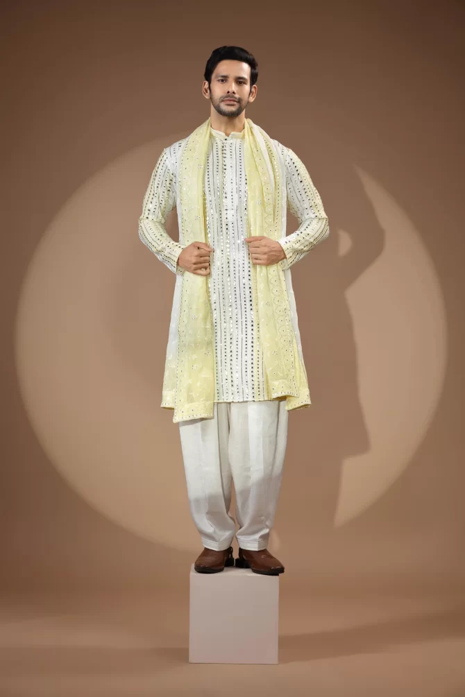White & Yellow Rich Embroidered Stone Work Sherwani