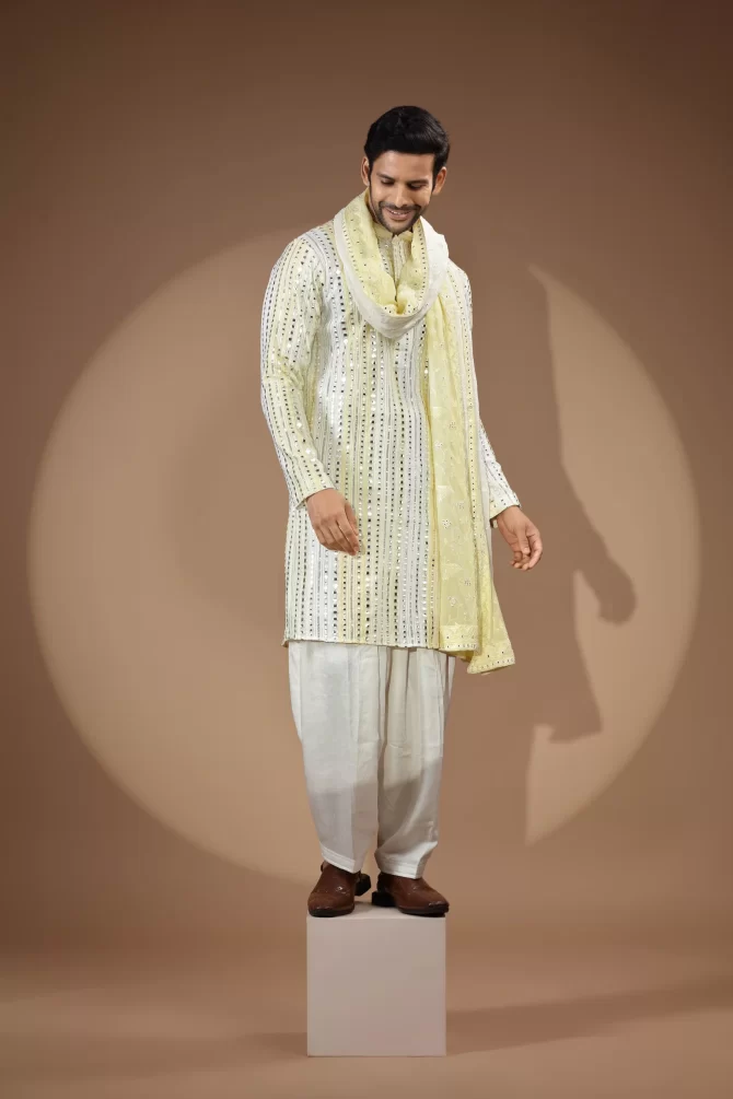 White & Yellow Rich Embroidered Stone Work Sherwani