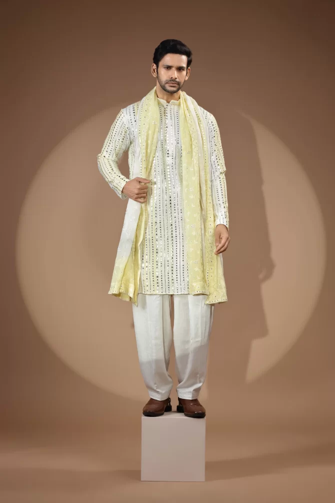 White & Yellow Rich Embroidered Stone Work Sherwani