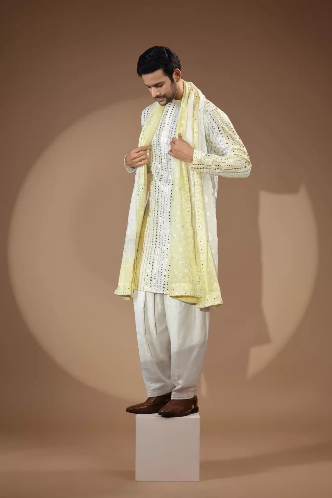 White & Yellow Rich Embroidered Stone Work Sherwani