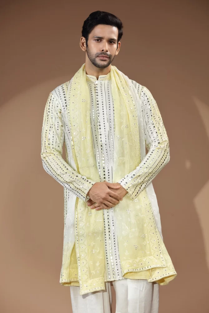 White & Yellow Rich Embroidered Stone Work Sherwani