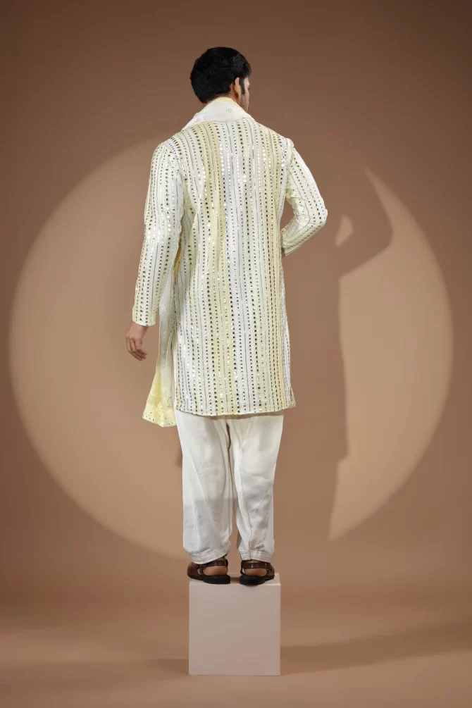 White & Yellow Rich Embroidered Stone Work Sherwani