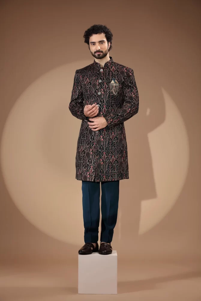Navy Blue Sequin Thread Embroidered Velvet Indo-Western With Dupatta