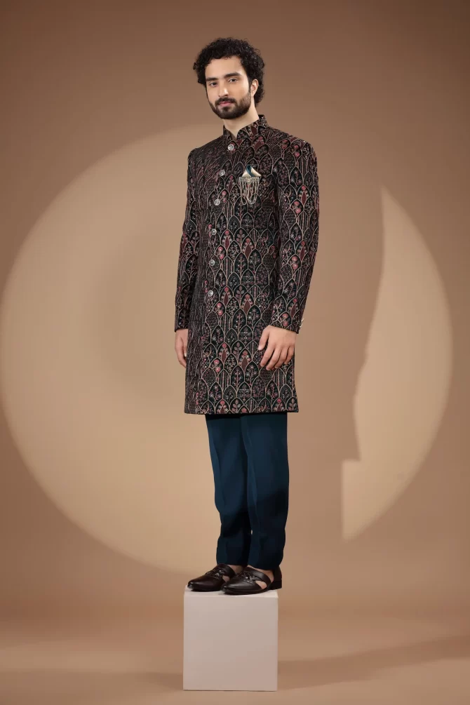 Navy Blue Sequin Thread Embroidered Velvet Indo-Western With Dupatta