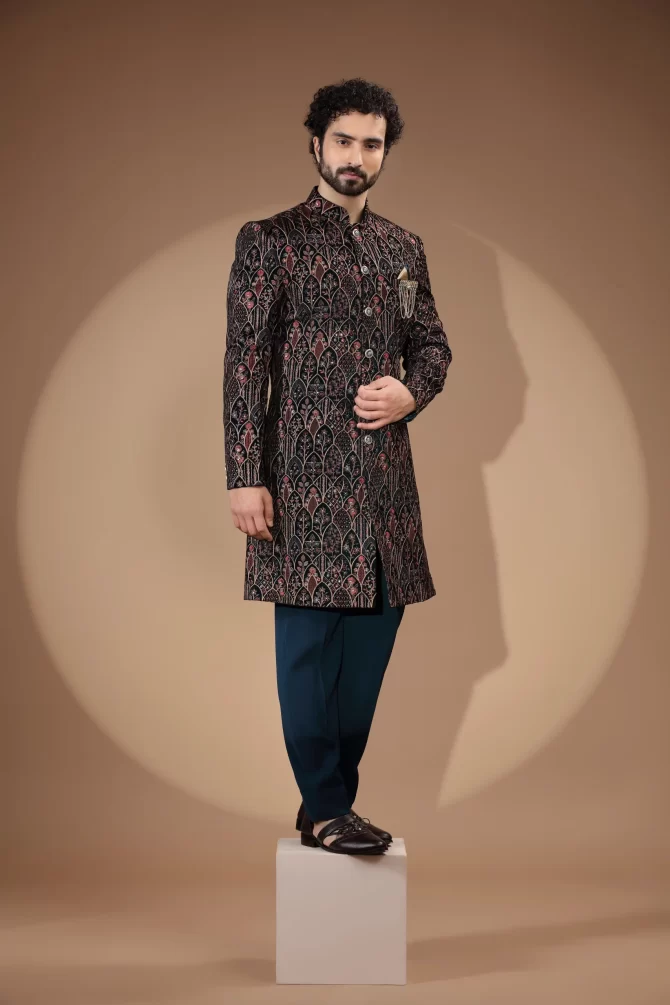 Navy Blue Sequin Thread Embroidered Velvet Indo-Western With Dupatta