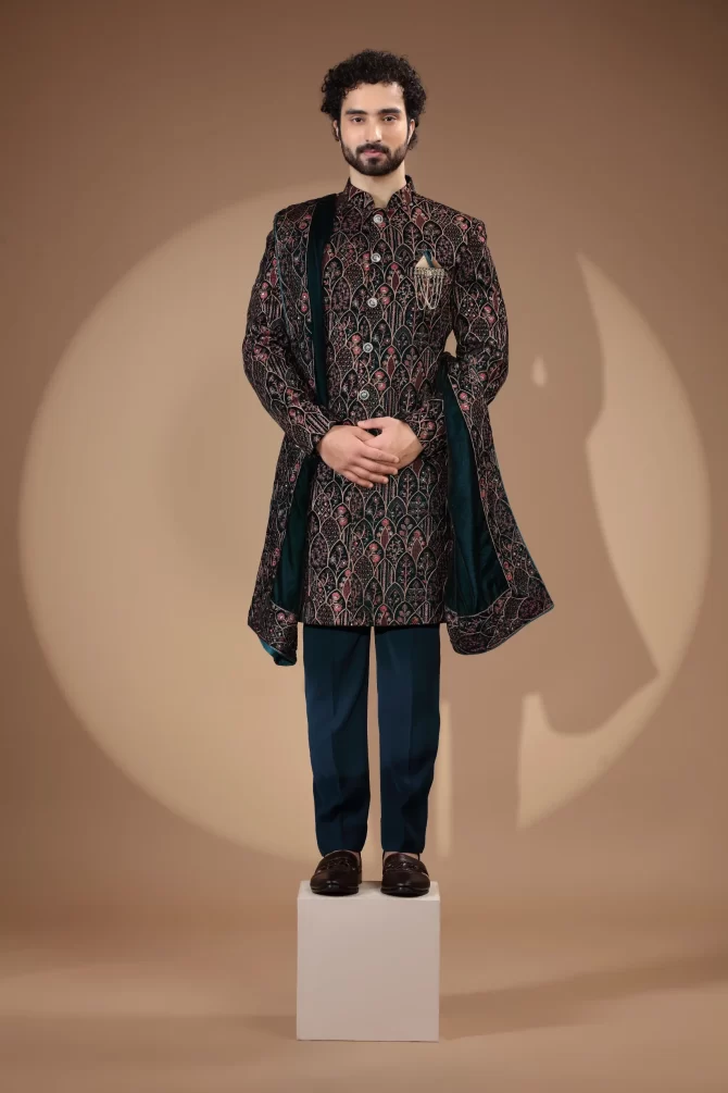 Navy Blue Sequin Thread Embroidered Velvet Indo-Western With Dupatta