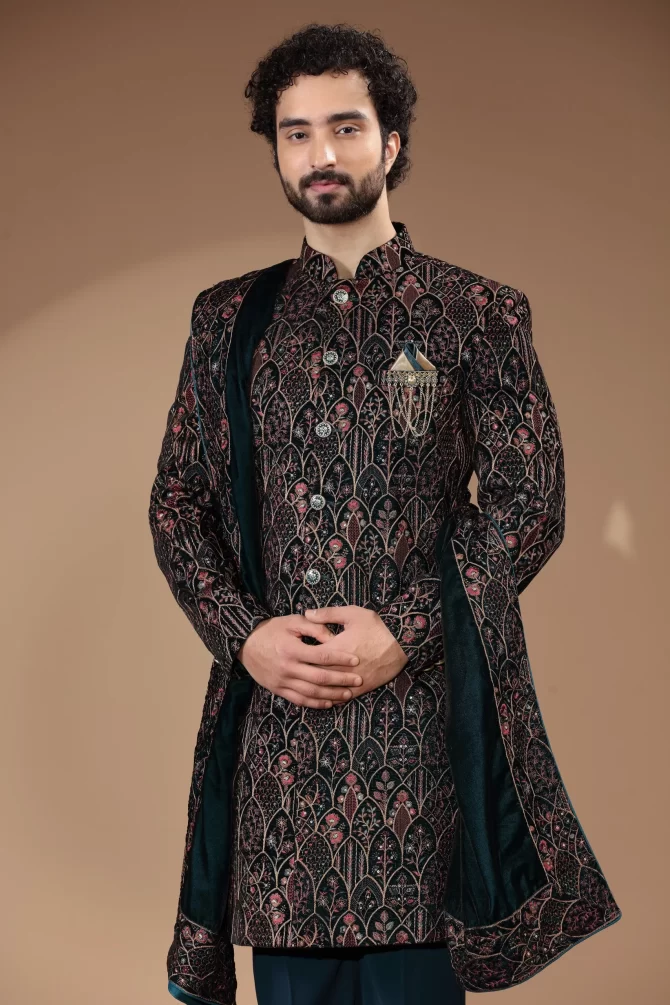 Navy Blue Sequin Thread Embroidered Velvet Indo-Western With Dupatta