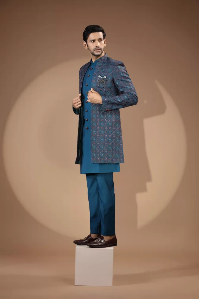 Royal Blue Sequin Thread Embroidered Velvet Indo-Western