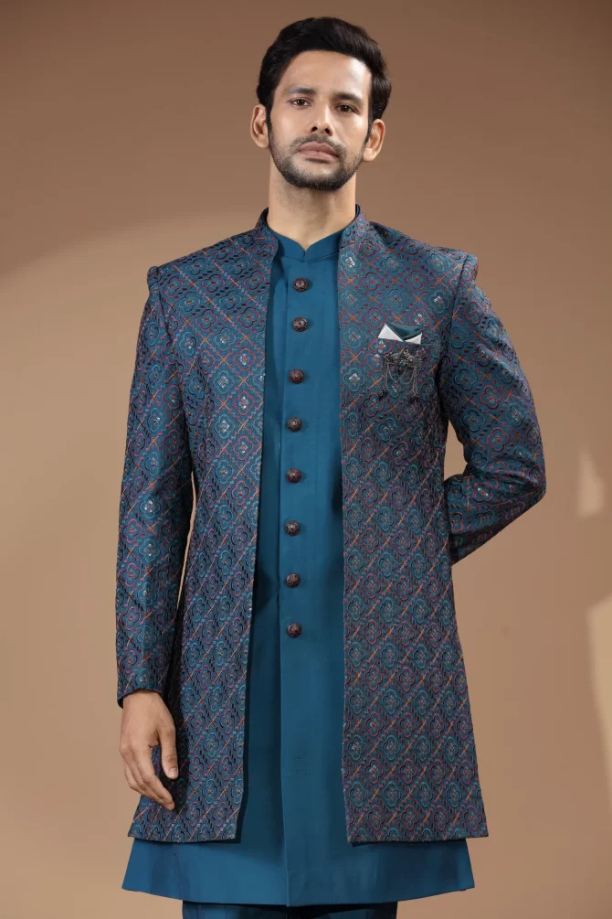 Royal Blue Sequin Thread Embroidered Velvet Indo-Western