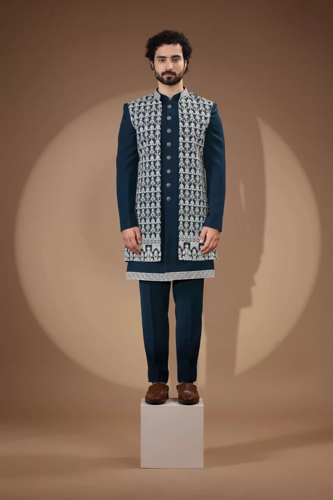 White & Blue Sequin Thread Embroidered Velvet Indo-Western