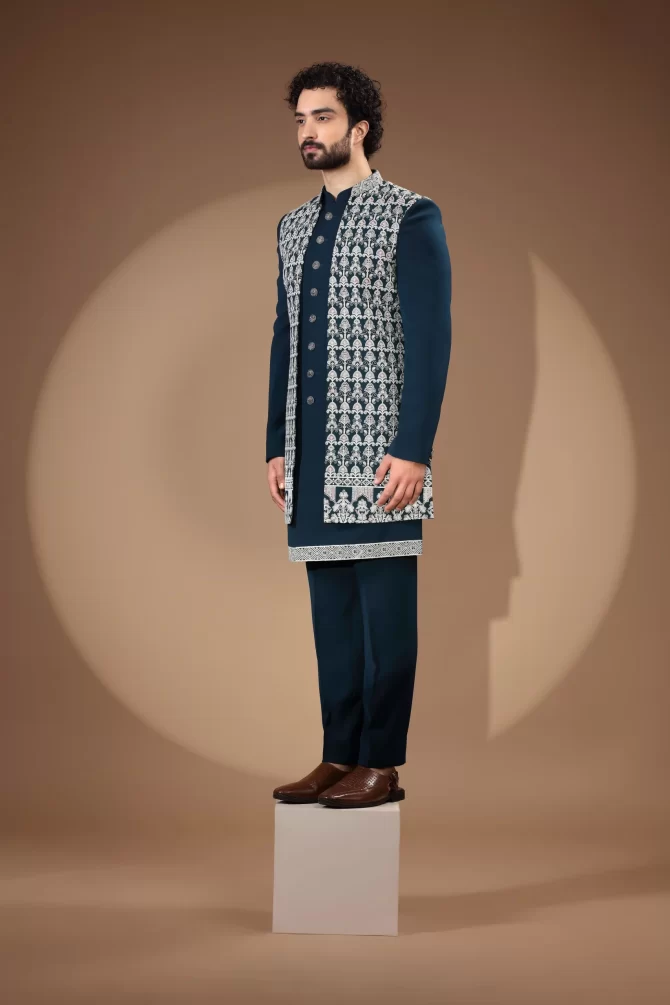 White & Blue Sequin Thread Embroidered Velvet Indo-Western