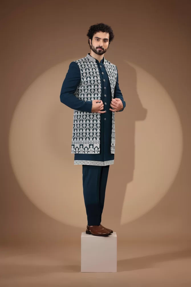 White & Blue Sequin Thread Embroidered Velvet Indo-Western