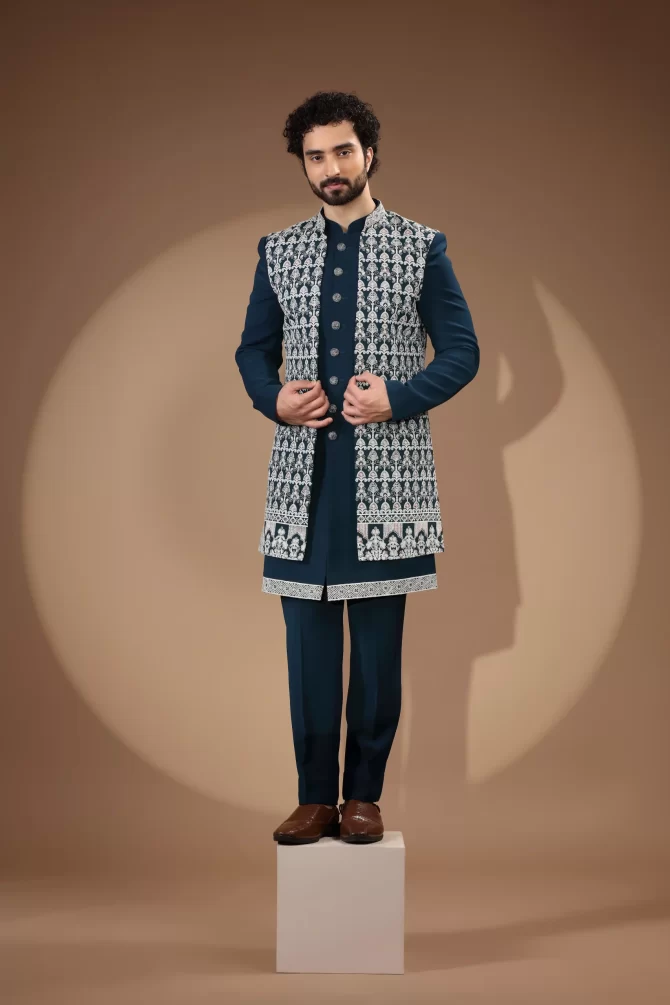 White & Blue Sequin Thread Embroidered Velvet Indo-Western