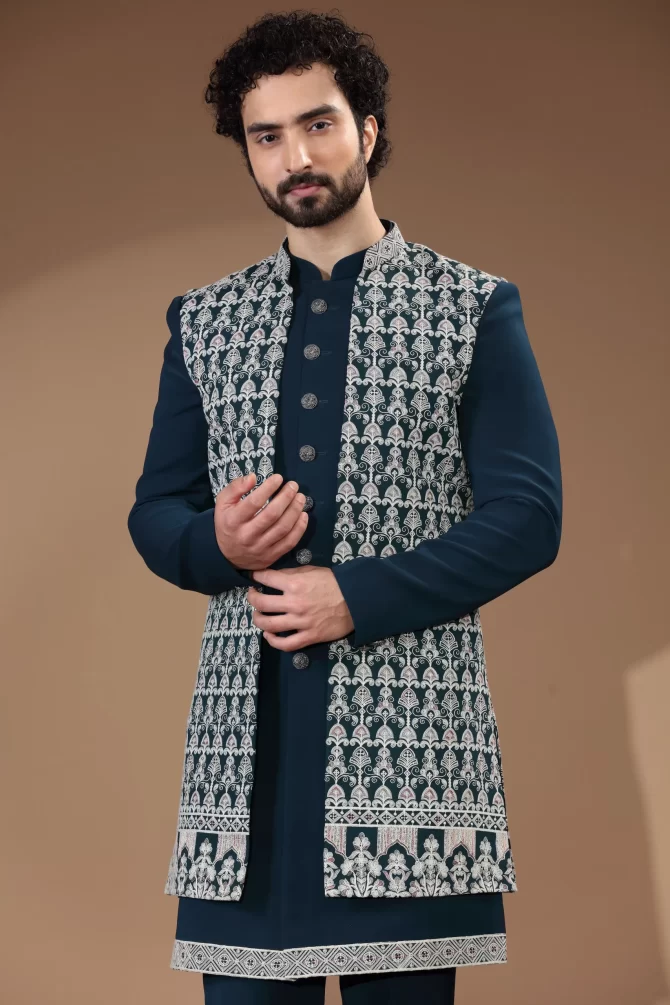 White & Blue Sequin Thread Embroidered Velvet Indo-Western