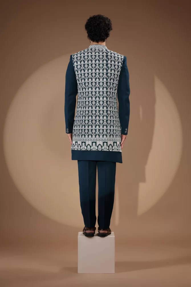 White & Blue Sequin Thread Embroidered Velvet Indo-Western